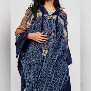 Free People Navy Blue Cable Knit Hooded Poncho with Rust Patterned Sleeves